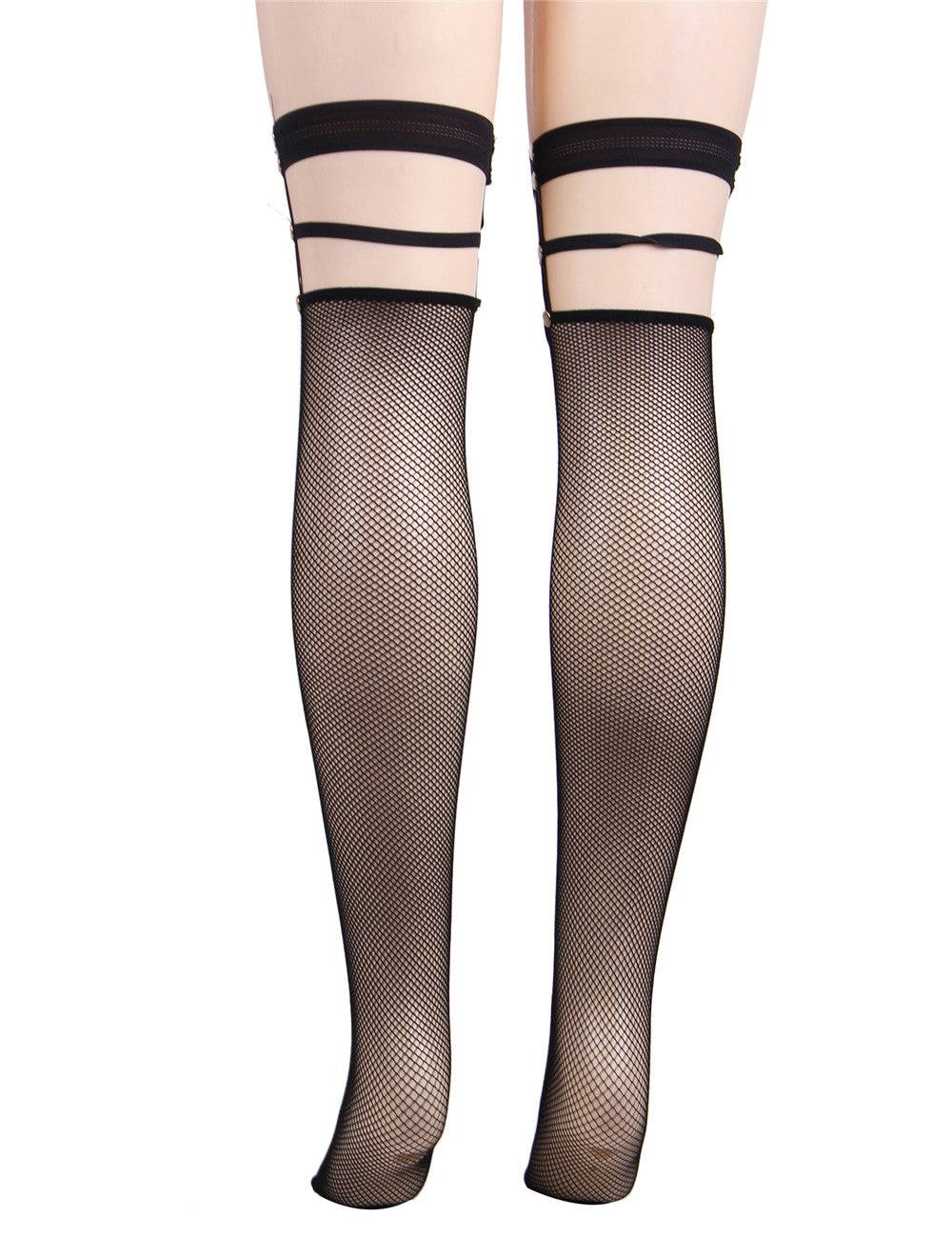 Lau Fashion Damen Netz Strapse Strümpfe Halterlose Overknees mit Nieten Nylon Schwarz S/M Große Rabatte
