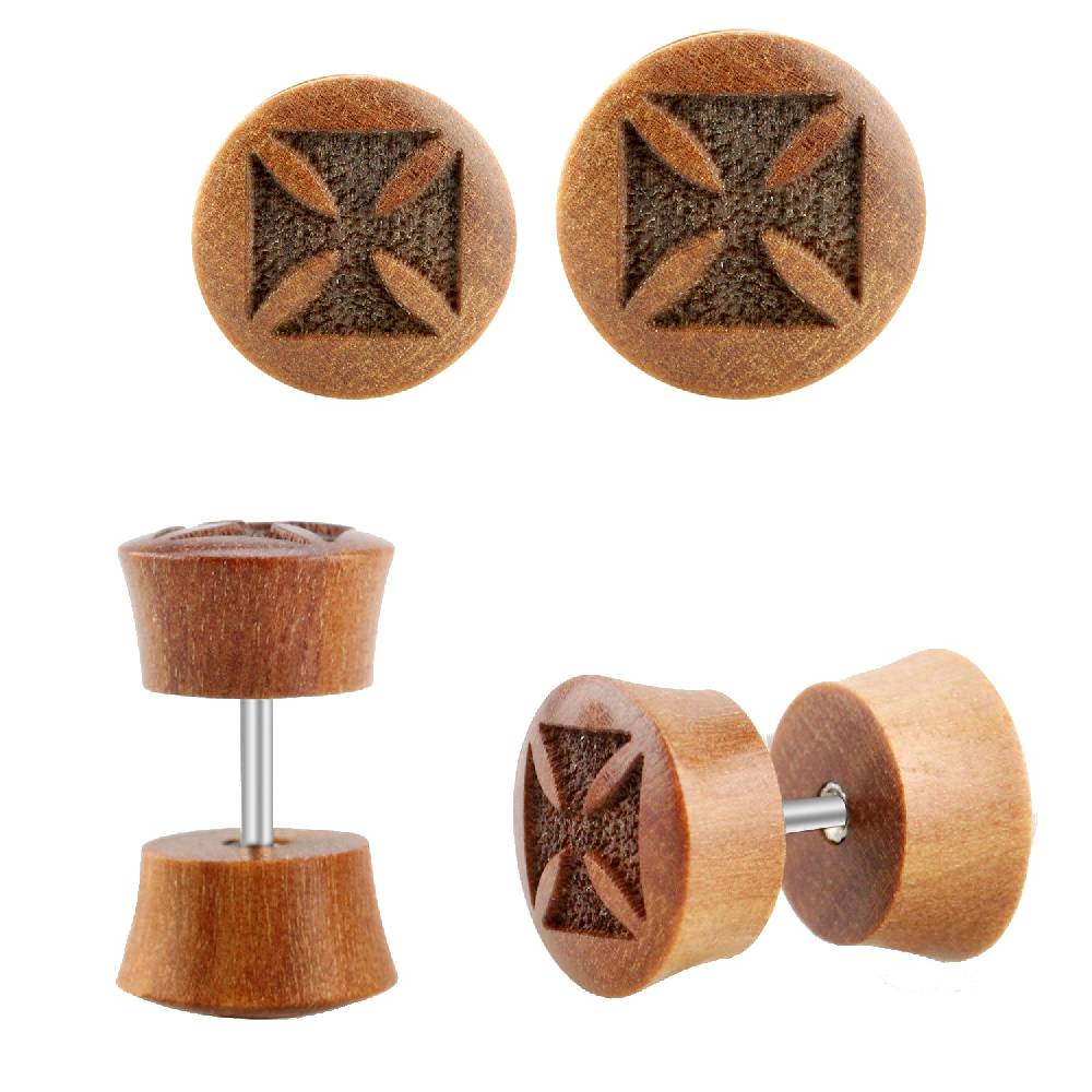 Lau Fashion 2 Stück Eisernes Kreuz Holz Fake Plug Ohrstecker Laser Braun Ohrring Tunnel Ø 10mm Neuheiten