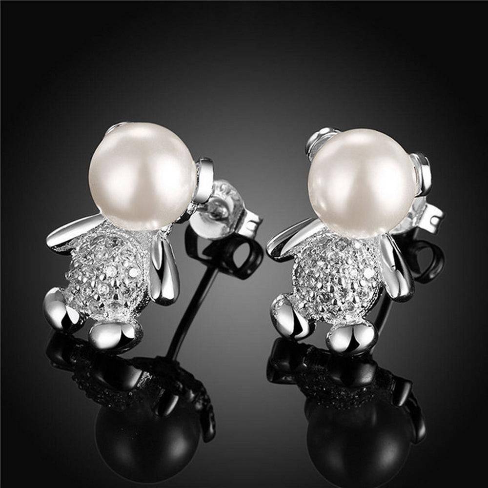 Lau Fashion Süsse Silber Damen Kinder Ohrstecker Teddybär mit Perle Zirkonia Ø 16mm Saisonale Angebote