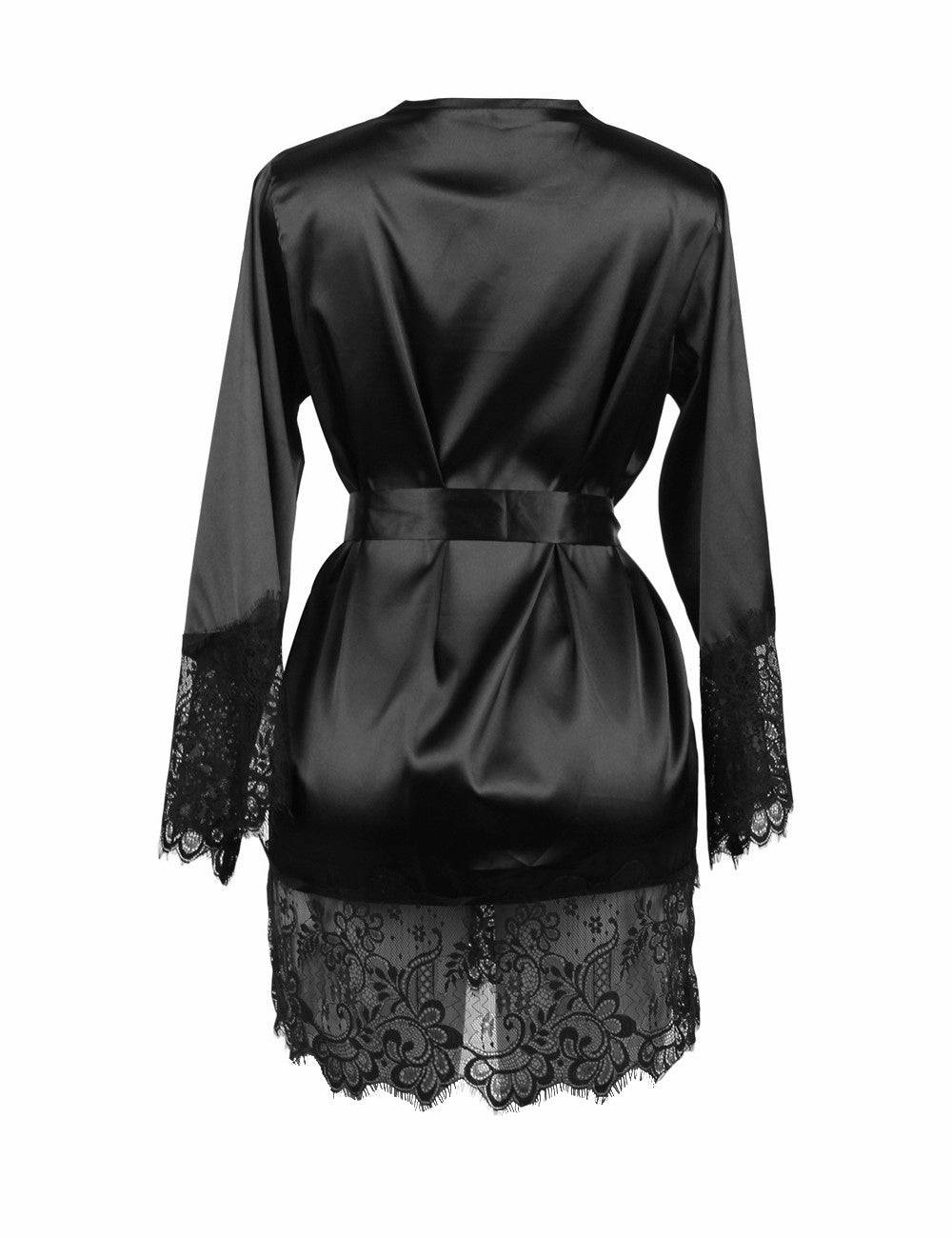 Lau Fashion Satin Damen Pyjama Set Spitze Nachthemd Nachtwäsche Schwarz + String S/M/L/XL Neueste Stile