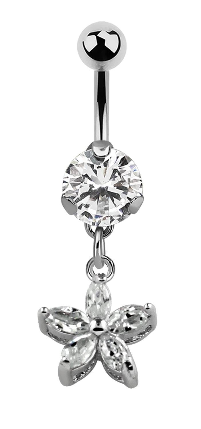 Lau Fashion Blumen Stern Bauchnabelpiercing Zirkonia Silber Kristalle Stab 1,6x10mm Stein Ø 8mm 50% Rabatt für begrenzte Zeit