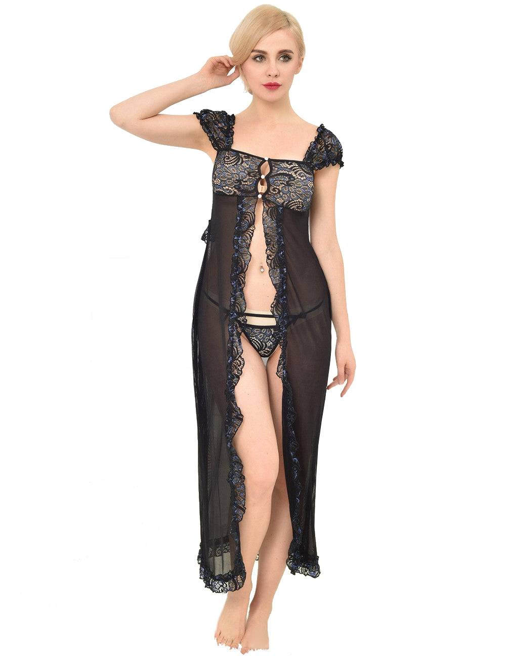 Lau Fashion Damen Dessous Set Langer Spitze Mantel Schwarz Reizwäsche String S/M Versandkostenfrei