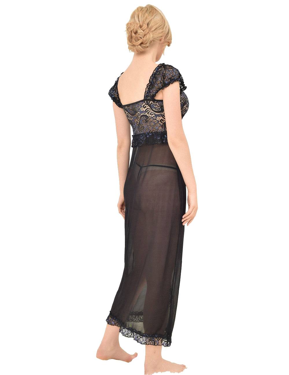 Lau Fashion Damen Dessous Set Langer Spitze Mantel Schwarz Reizwäsche String S/M Versandkostenfrei