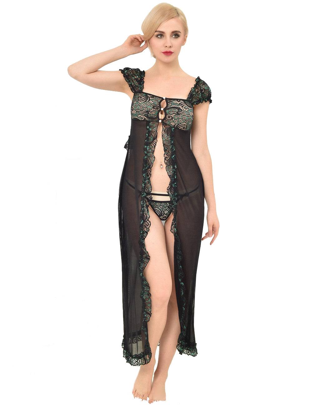 Lau Fashion Damen Dessous Set Langer Spitze Mantel Schwarz Reizwäsche String S/M Versandkostenfrei