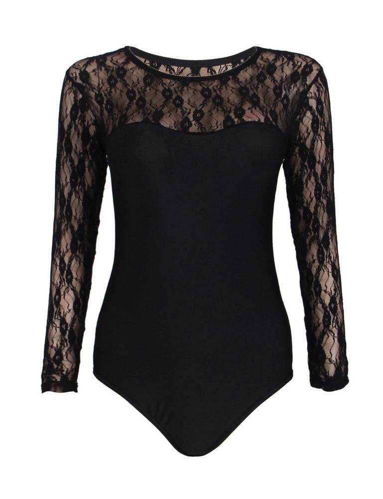 Lau Fashion Damen Unterwäsche Body Schwarz Weiß mit Spitze Transparent Rundhals Langarm S/XL - R80372 Flash Sale