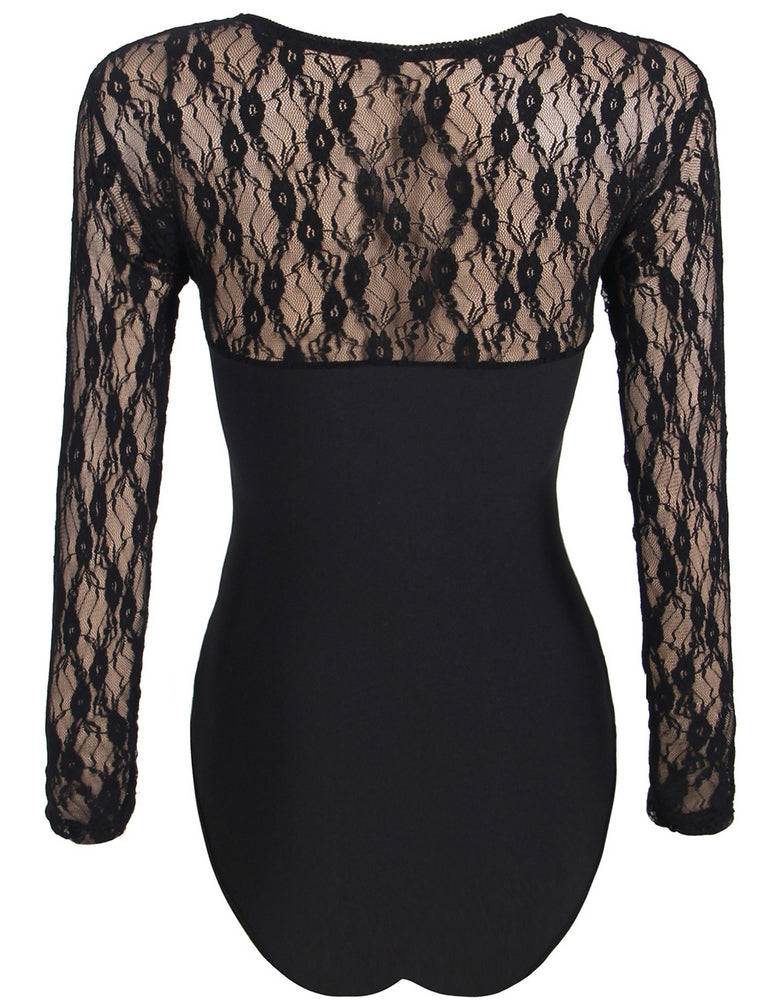 Lau Fashion Damen Unterwäsche Body Schwarz Weiß mit Spitze Transparent Rundhals Langarm S/XL - R80372 Flash Sale