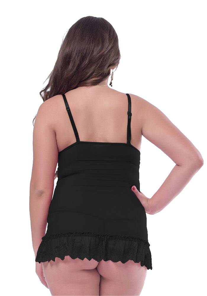 Lau Fashion Damen Reizwäsche Träger Dessous Schwarz Spitze Babydoll Schleifchen + Tanga L/XL Muttertagsangebot