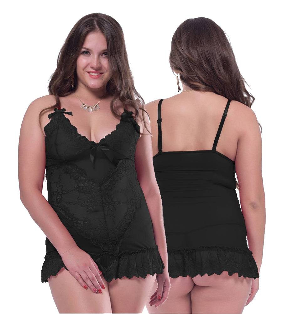 Lau Fashion Damen Reizwäsche Träger Dessous Schwarz Spitze Babydoll Schleifchen + Tanga L/XL Muttertagsangebot