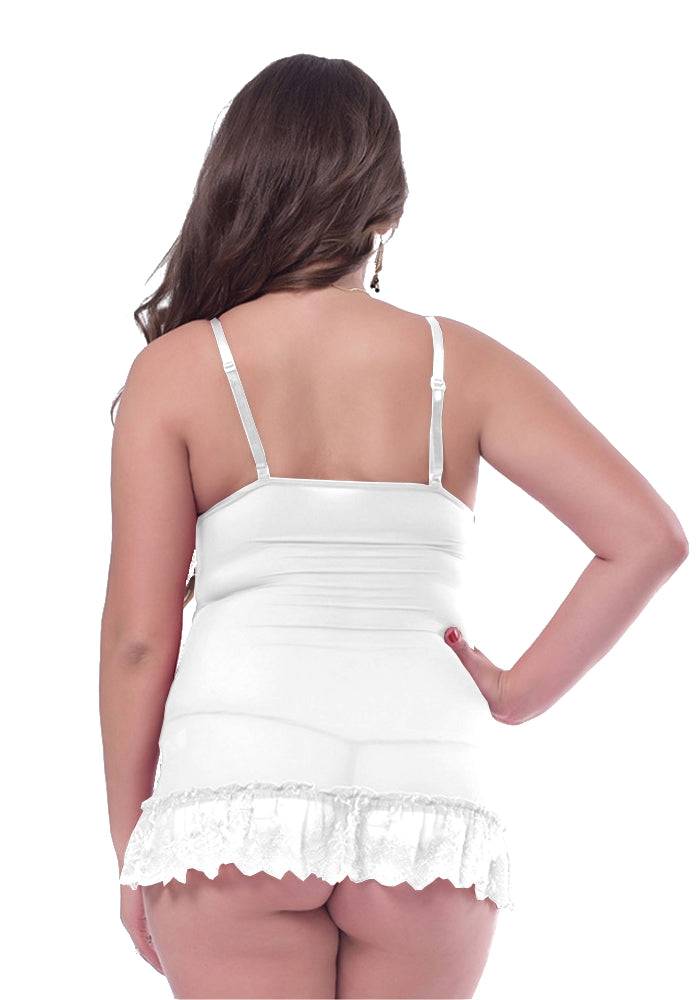 Lau Fashion Damen Reizwäsche Träger Dessous Weiß Spitze Babydoll Schleifchen + Tanga L/XL Vatertagsangebot