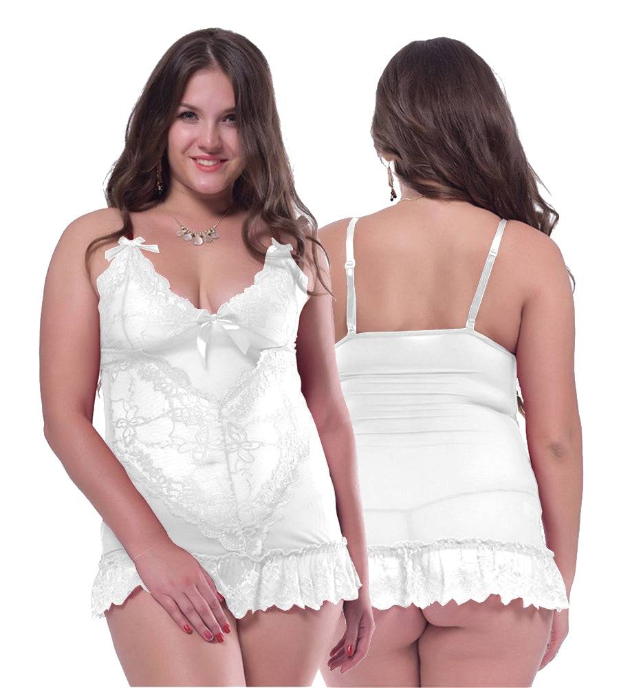 Lau Fashion Damen Reizwäsche Träger Dessous Weiß Spitze Babydoll Schleifchen + Tanga L/XL Vatertagsangebot