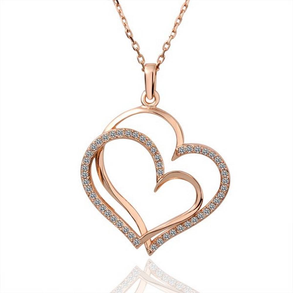 Lau Fashion Halskette Doppel Herz Zirkonia Anhänger Schmuck Set Strass vergoldet Ø 44mm Begrenztes Angebot
