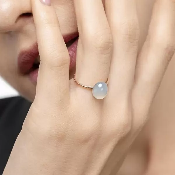 Leaf Jewelry Ring Cabochon II, 14 K Rosegold, Sea Blue Chalzedon Valentinstagsangebot