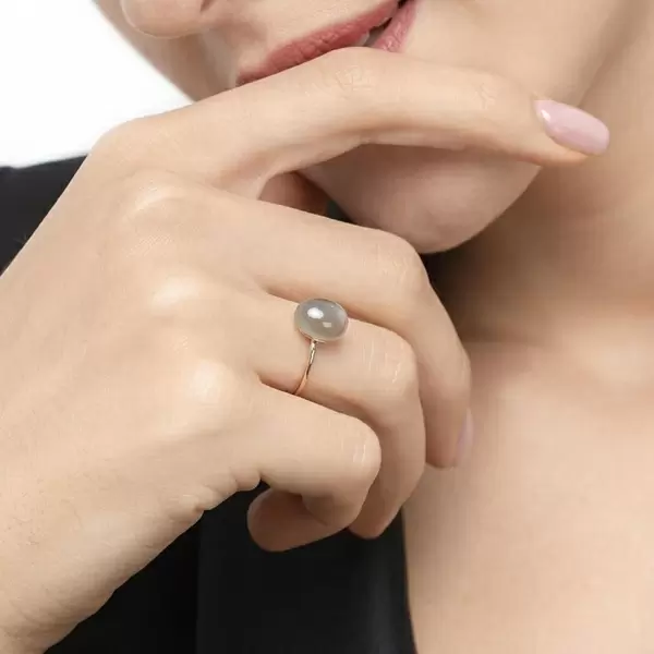 Leaf Jewelry Ring Cabochon II, 14 K Rosegold, Grauer Mondstein Outlet