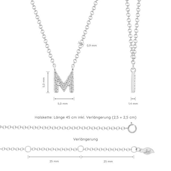 Leaf Jewelry Halskette Letter "M", 14 K Weißgold mit Diamanten Räumungsverkauf