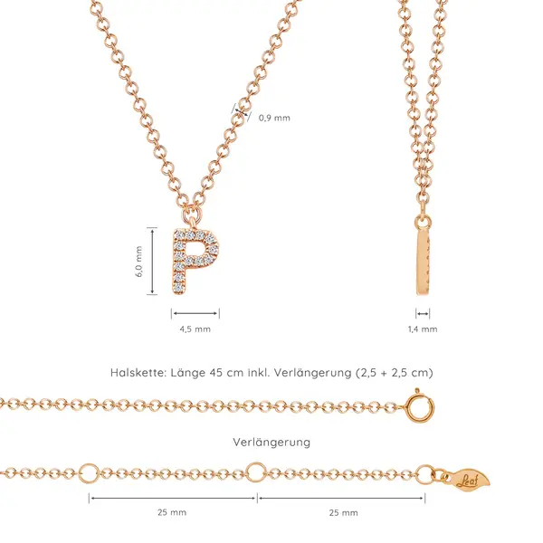 Leaf Jewelry Halskette Letter "P", 14 K Rosegold mit Diamanten Nur noch ein Tag übrig