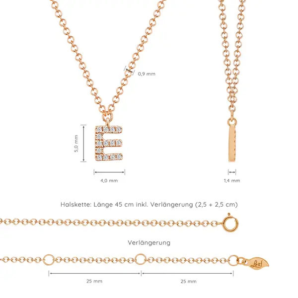Leaf Jewelry Halskette Letter "E", 14 K Rosegold mit Diamanten Tiefpreis