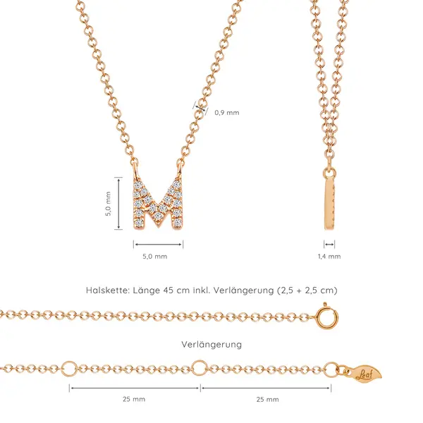 Leaf Jewelry Halskette Letter "M", 14 K Rosegold mit Diamanten Kostenlose Rückgabe