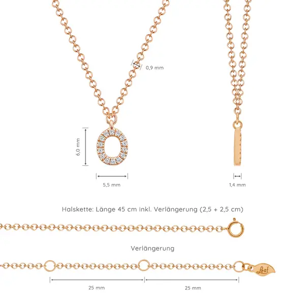 Leaf Jewelry Halskette Letter "O", 14 K Rosegold mit Diamanten Begrenzt auf 3 Tage