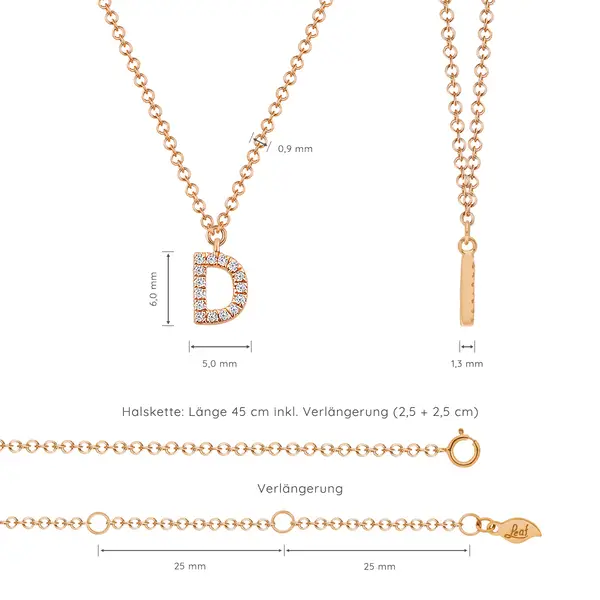 Leaf Jewelry Halskette Letter "D", 14 K Rosegold mit Diamanten Fabrik Onlineshop