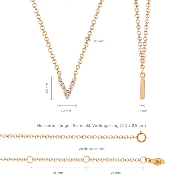 Leaf Jewelry Halskette Letter "V", 14 K Rosegold mit Diamanten Fabrikpreis