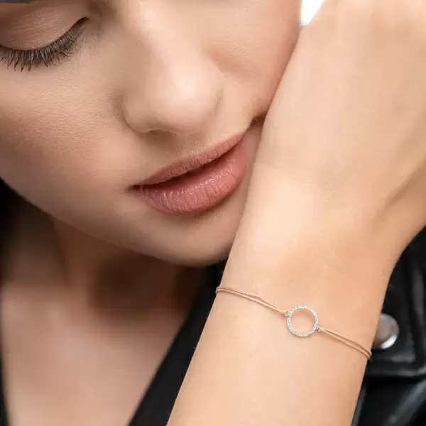 Leaf Jewelry Glücksbändchen Circle mit Diamanten, 18 K Weißgold, Beige Jubiläumsangebot