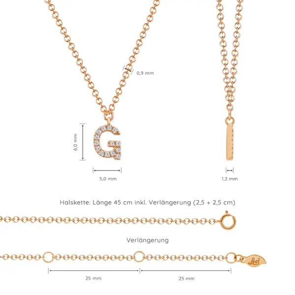 Leaf Jewelry Halskette Letter "G", 14 K Rosegold mit Diamanten Letzte 3 Tage