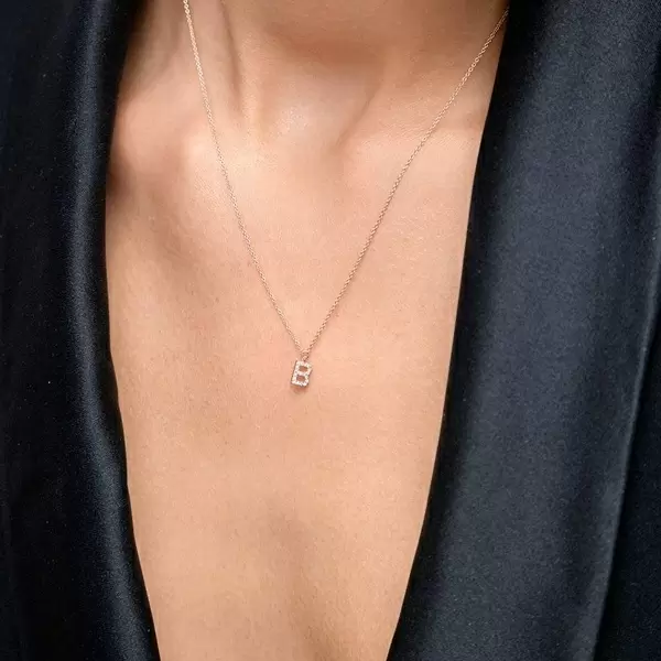 Leaf Jewelry Halskette Letter "B", 14 K Rosegold mit Diamanten Speichern exportieren