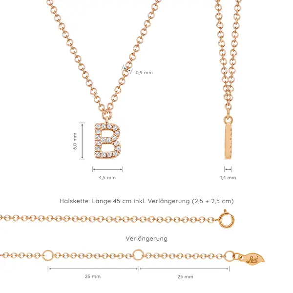 Leaf Jewelry Halskette Letter "B", 14 K Rosegold mit Diamanten Speichern exportieren