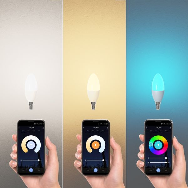 E14 LED RGB Leuchtmittel, Kerze, warmweiß - kaltweiß (2900 - 6400 K), 5,1 W, 572lm, Smart Home, WLAN, Alexa, matt Outlet
