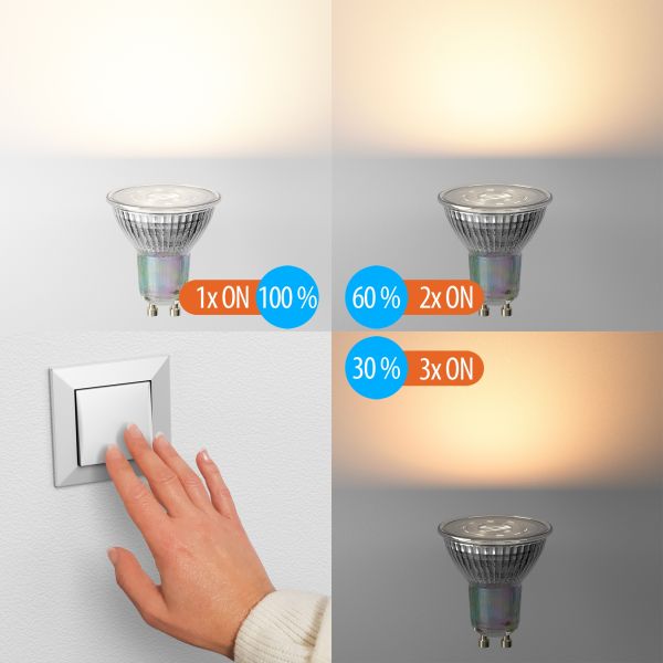 GU10 LED Leuchtmittel, PAR16, warmweiß (2800 K), 6,3 W, 374lm, 70°, 3-Stufen-Dimmer, Reflektorspiegel (silber) Günstiger Verkauf