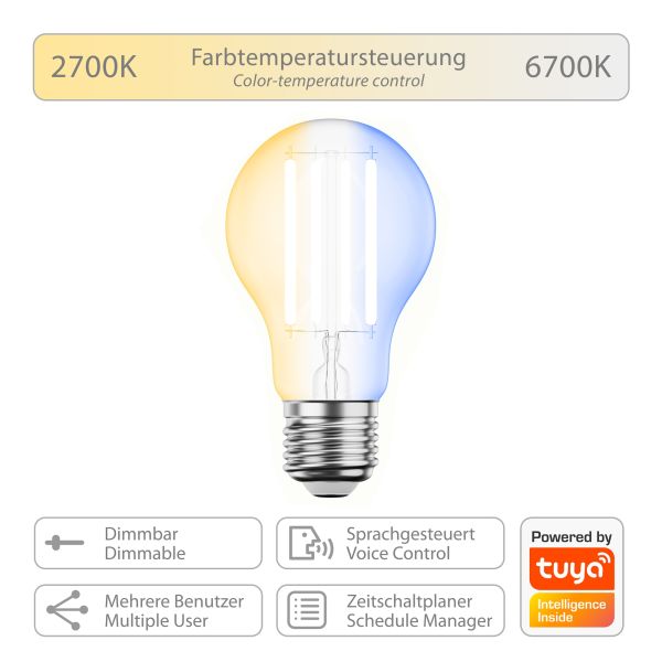 E27 LED Leuchtmittel, A60, warmweiß - kaltweiß (2700 - 6700 K), 7 W, 1005lm, Smart Home, WLAN, Alexa Fabrikpreis