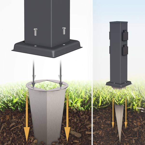 Garten-Steckdosen-Säule Polly mit Erdspieß für außen, 4-Fach, Edelstahl, eckig, 38cm (Farbe, Mit Kabel wählbar) Im Verkauf