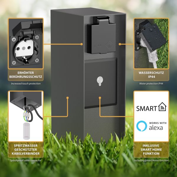 Garten-Steckdosen-Säule POMI für außen, IP44, Smart Home, WLAN, Alexa, 3-fach, edelstahl, eckig, 23cm (Farbe wählbar) Rabatt