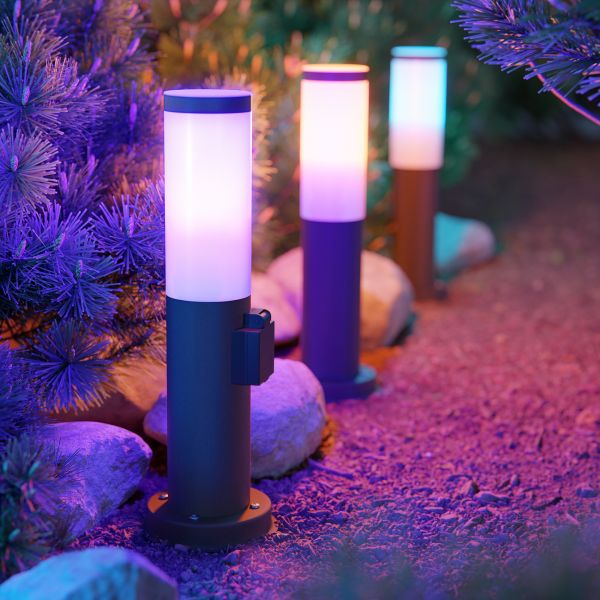 Pollerleuchte PORU mit Erdspieß für außen, edelstahl, rund, 38,5cm, Steckdose, inkl. Smart Home RGBW E27 LED Lampe, 892lm (Farbe, Mit Kabel wählbar) Weihnachtsangebot