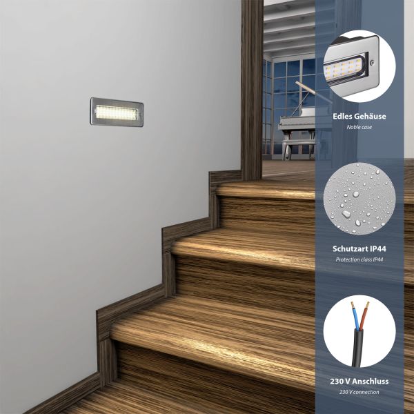 LED Treppenlicht/Wandeinbauleuchte für innen und außen, eckig, edelstahl, 198 x 61mm, 2,2 W, 248lm, warmweiß Discount Store für neue Produkte