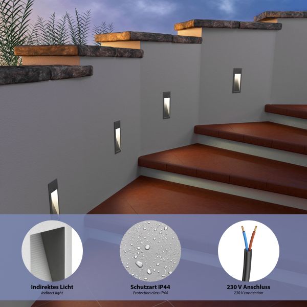 LED Treppenlicht/Wandeinbauleuchte für innen und außen, Downlight, eckig, grau, 95 x 235mm, warmweiß 50% Rabatt mit kostenlosem Versand