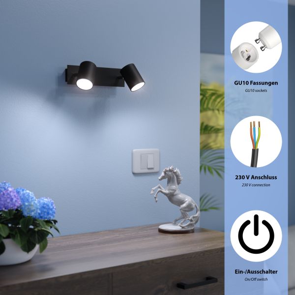 Wandspot WAIKA, zweiflammig, mit Schalter, schwarz matt, inkl. Smart Home RGBW GU10 LED Lampen je 473lm Online Shopping
