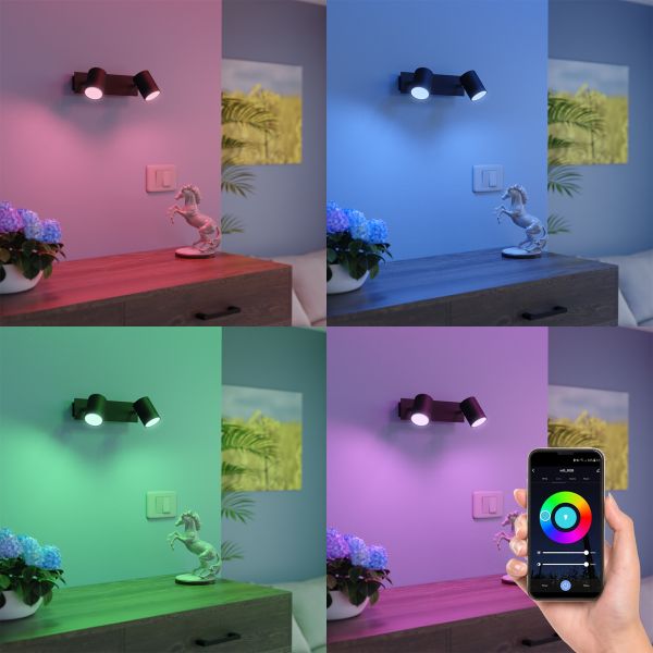 Wandspot WAIKA, zweiflammig, mit Schalter, schwarz matt, inkl. Smart Home RGBW GU10 LED Lampen je 473lm Online Shopping