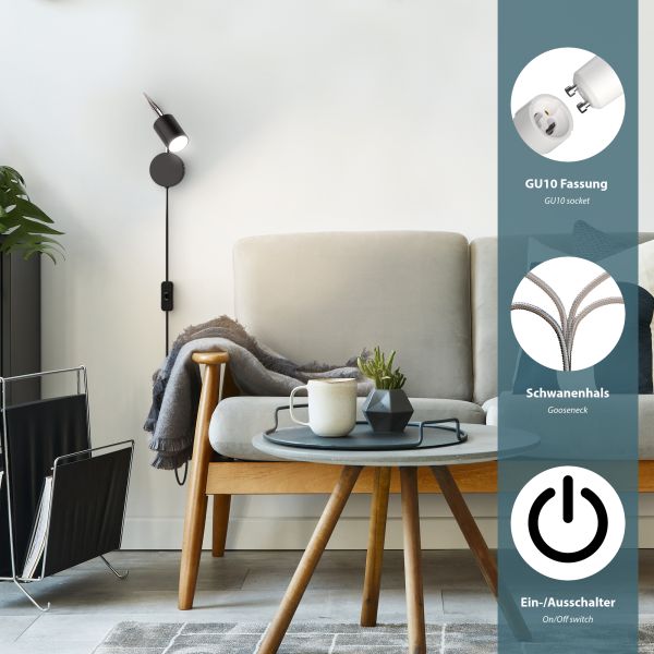 Leselampe WAIKA mit Schwanenhals, Stecker, Schalter schwarz matt, inkl. Smart Home RGBW GU10 LED Lampe, 5,41W, 473lm Exklusivangebot