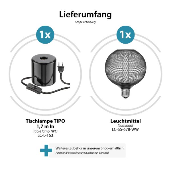 Tischlampe TIPO Porzellan, Stecker, Schalter, schwarz, inkl. E27 LED, G120, extra warmweiß, 4W, 220lm Cyber Monday