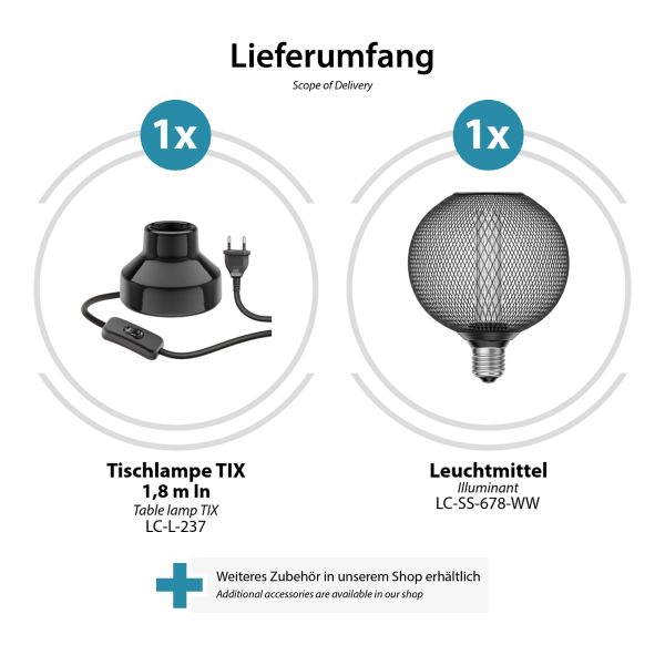 Porzellan Tischlampe TIX, Stecker, Schalter, schwarz, inkl. E27 LED, G120, extra warmweiß, 4W, 220lm Weihnachtsangebot