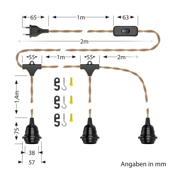 Hanf-Kabel / Textilkabel LEKA, Stecker, Schalter, beige , 8 m, Lampen-Fassung, 3x E27 max. 60W Vatertagsangebot