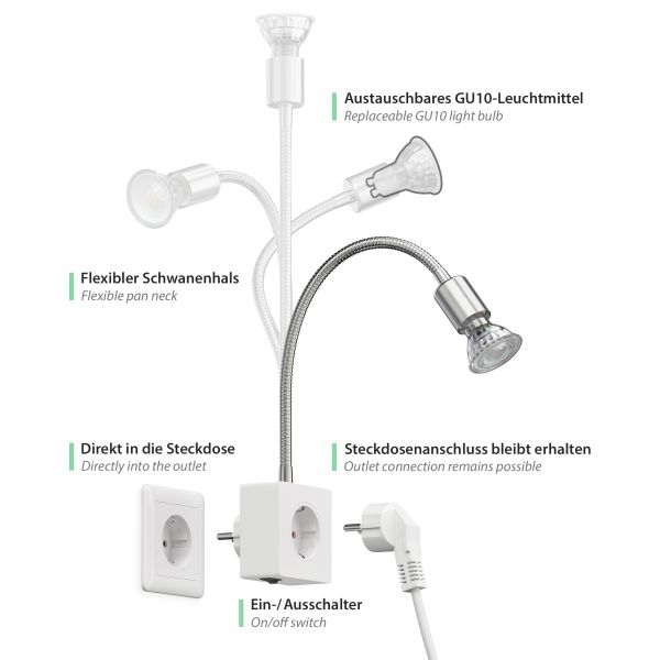 Steckdosenlampe LESCH Leselampe, chrom/weiß inkl. Smart Home GU10 LED Lampe 5,5W, 473lm Jubiläumsangebot