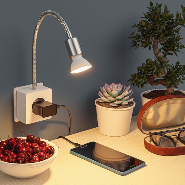 Steckdosenlampe LESCH Leselampe, chrom/weiß inkl. Smart Home GU10 LED Lampe 5,5W, 473lm Jubiläumsangebot