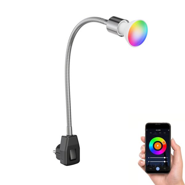 Steckdosenlampe LESCH Leselampe Schwanenhals, Schalter, Chrom inkl. Smart Home RGBW GU10 LED Lampe, 5,41W, 473lm (Farbe wählbar)