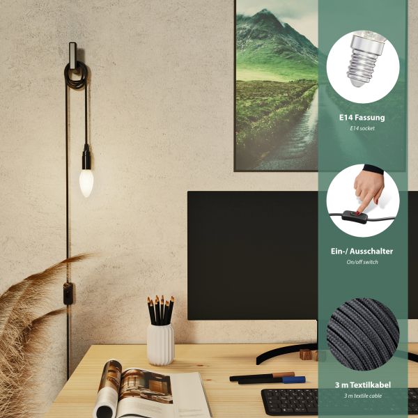 Textilkabel LEHA mit Stecker und Schalter, schwarz, 3m, inkl. Smart Home RGBW E14 LED Lampe, 4,925W, 572lm Fabrik Onlineshop