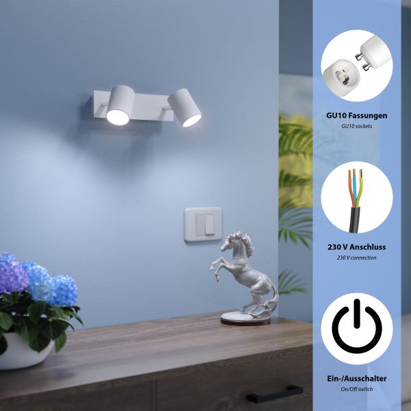 Wandspot WAIKA, zweiflammig, mit Schalter, weiß matt, inkl. Smart Home RGBW GU10 LED Lampen je 473lm Versandkostenfrei