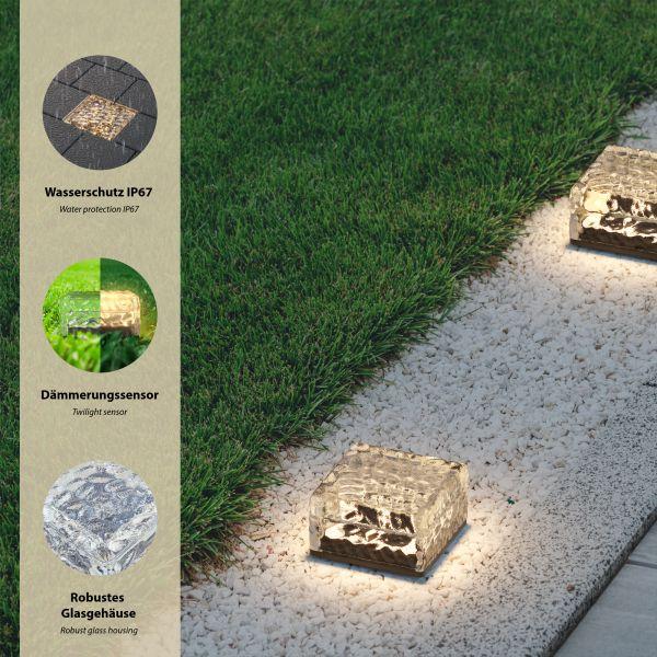 LED Solar-Pflasterstein Bodeneinbauleuchte BROSLO mit Erdspieß für außen, Glas, 10 x 10cm, warmweiß Kostenloser Versand