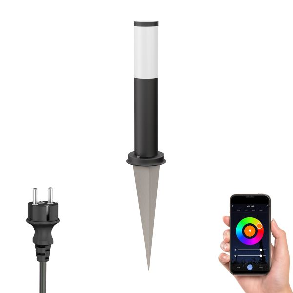 Pollerleuchte PORU Erdspieß für außen, Edelstahl, rund, 38,5cm, inkl. Smart Home RGBW E27 LED Lampe, 8,89W, 892lm (Farbe, Mit Kabel wählbar)