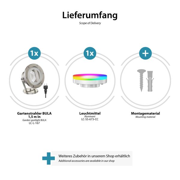 Gartenstrahler BULA für außen, Edelstahl + RGB Leuchtmittel warmweiß - kaltweiß (2900 - 6200) Riesige Ersparnisse
